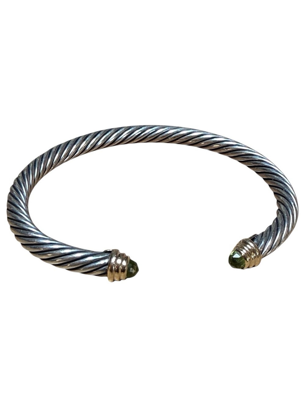 David Yurman Sterling Silver Peridot & 14K Gold 5mm Cable Cuff Bracelet Sz S 6”